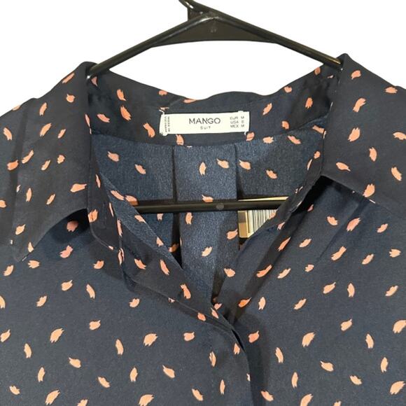 MNG by Mango Navy Blue & Pink High Low Long Sleeve Button Down Blouse Women Sz 6 - Picture 5 of 7